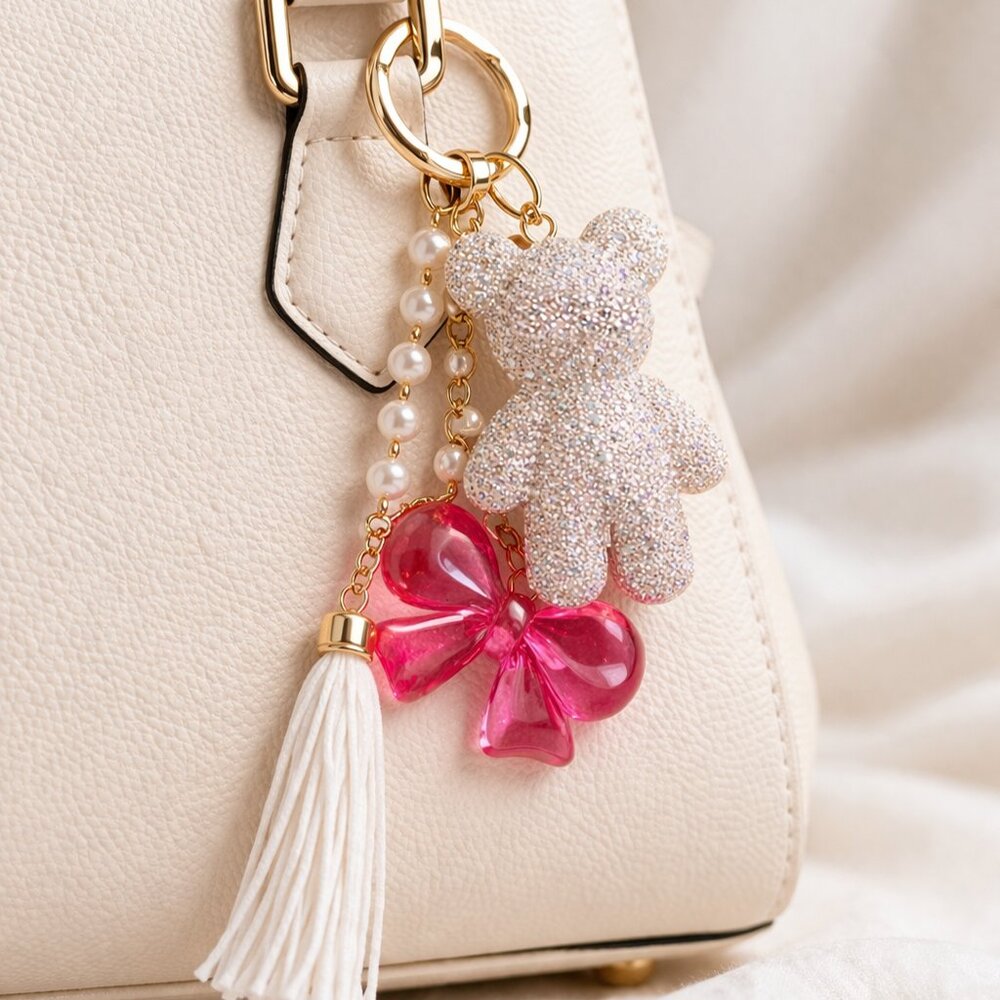 Handcrafted Rhinestone Teddy Bear Bag Charm Pearl Pink Bow Tassel Gold Tone